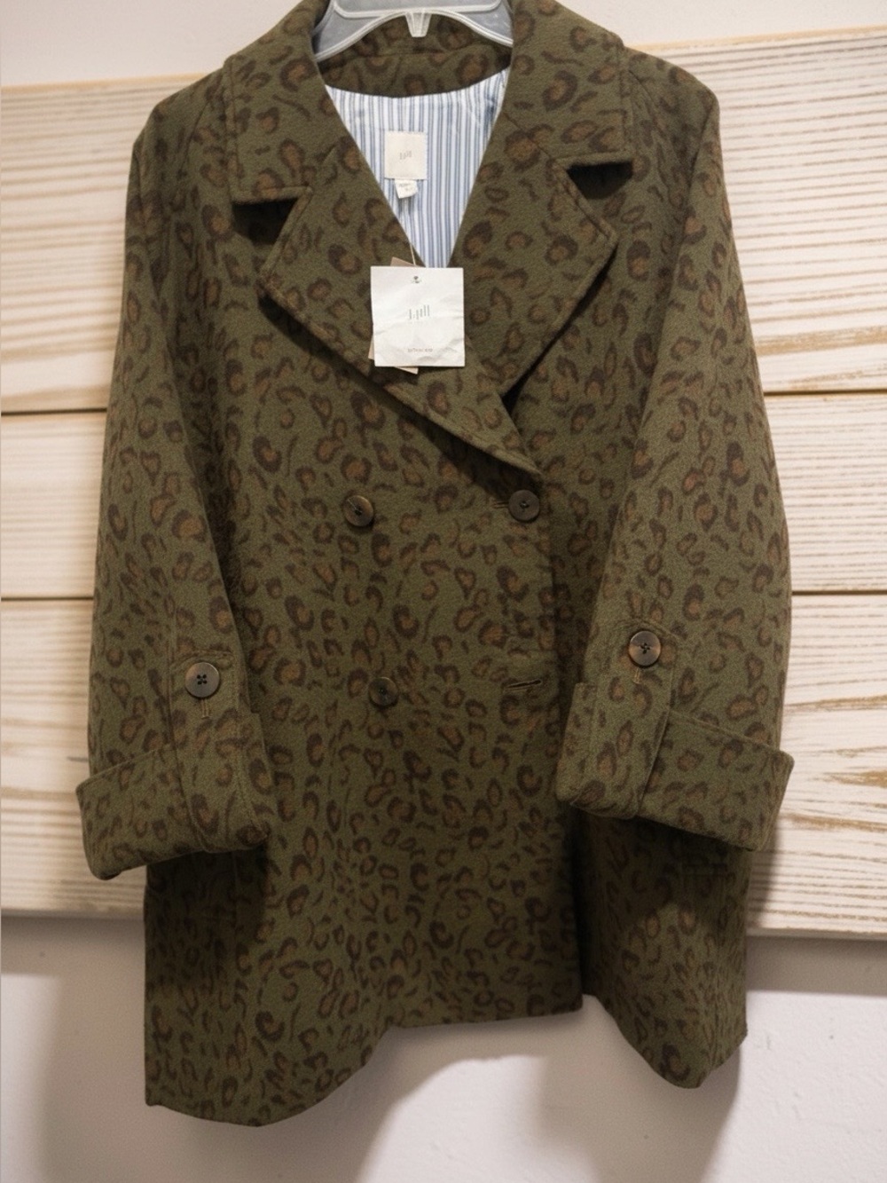 NWT J.Jill Leopard-Jacquard Cocoon Coat Dark Olive Multi Size Large.